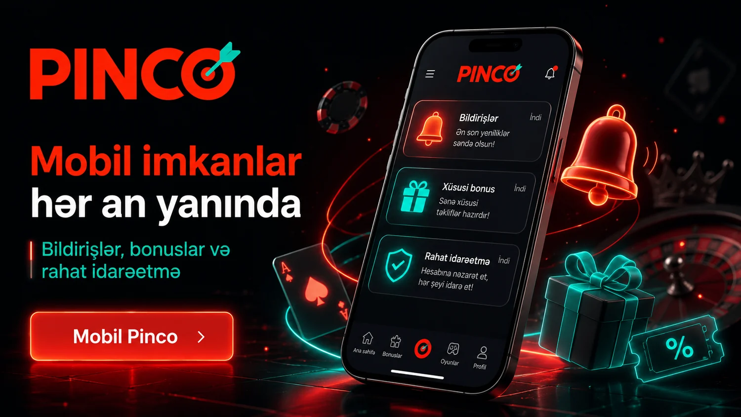 Mobil Pinco bildirişlər, bonuslar və hesab idarəetməsi